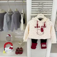 【乐恩童装】原创设计秋冬女童米白色连帽KT卫衣黑拼红打底裤套装