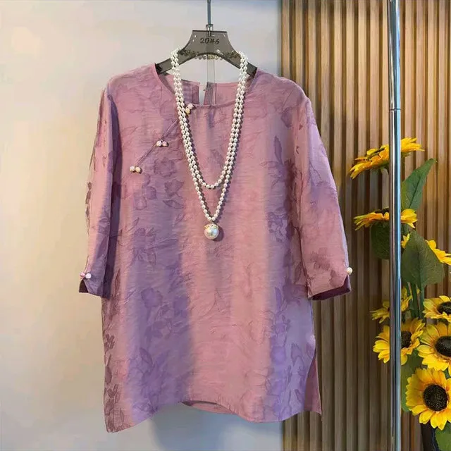 亚麻斜襟复古国风衬衫T恤新中式提花七分袖上衣女胖妹妹大码女装