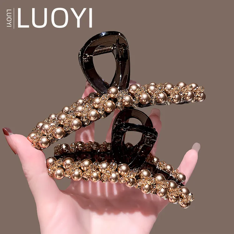 2025新款高级感香槟色水晶珍珠抓夹女后脑勺全盘发鲨鱼夹气质发饰