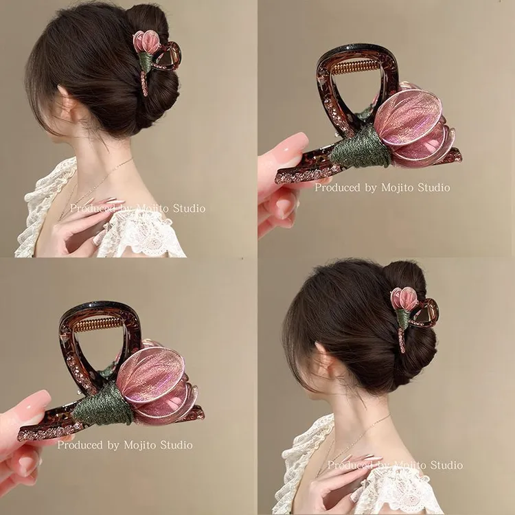 胭脂美人~粉色网纱花朵抓夹韩国轻奢高级感后脑勺鲨鱼夹发抓发饰