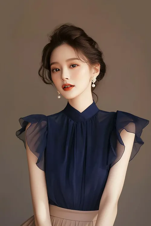 法式独特蓝色雪纺小飞袖上衣女夏季新款漂亮小衫轻奢洋气立领衬衫