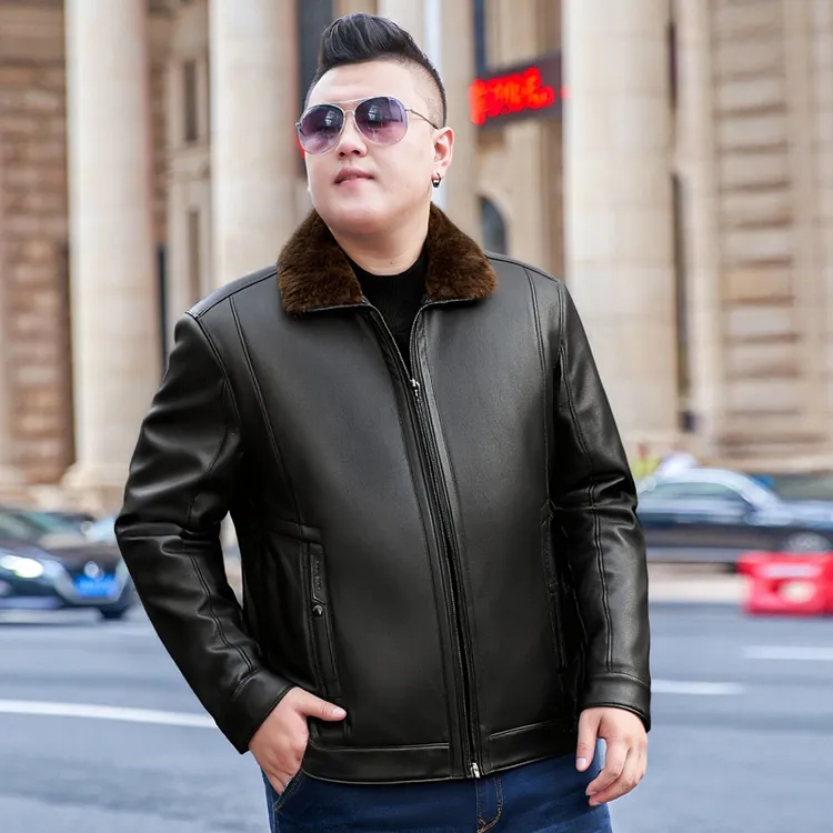 加大码皮衣可脱卸绵夹克翻领商务男士秋冬季加厚保暖外套