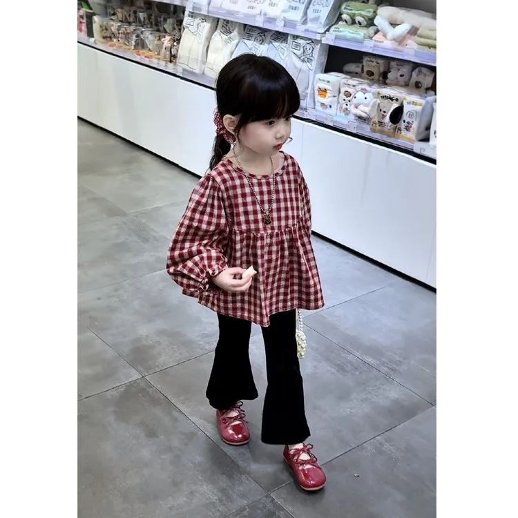 两件套女童女宝荷叶娃娃衫格子裙摆上衣微喇裤套装女童秋款套装