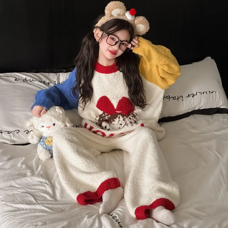 女童半边绒睡衣加厚秋冬季珊瑚绒卡通外穿2025新款儿童家居服套装