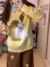 毛绒卡通小狗提花软糯套头毛衣女秋冬新款休闲宽松慵懒风针织衫潮