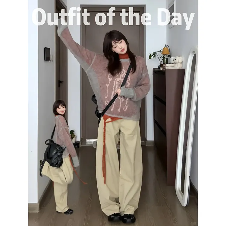 复古撞色针织衫女早秋别致毛衣百搭休闲内搭上衣显瘦直筒宽松裤