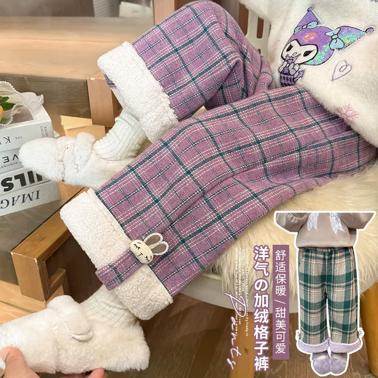 女小童加绒格子裤秋冬款女宝宝一体绒休闲裤冬装小女孩宽松阔腿裤