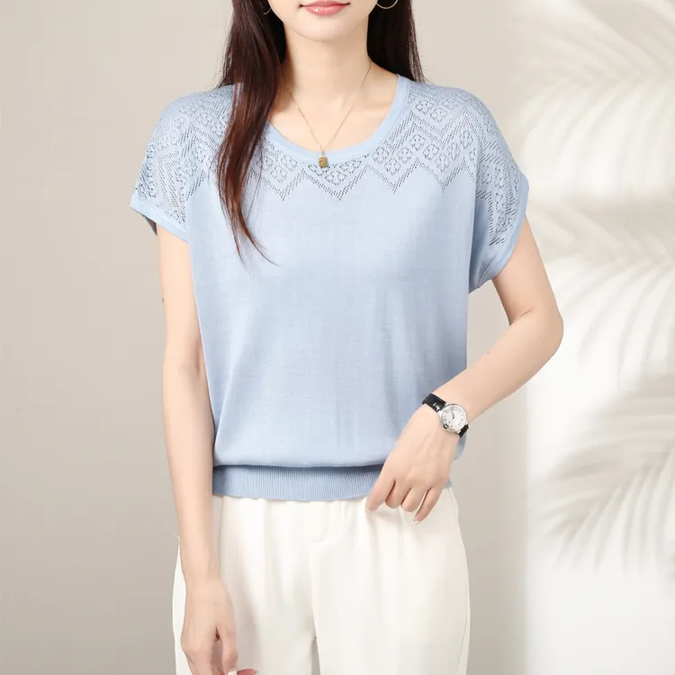 夏薄初秋圆领宽松休闲飞飞袖T恤女套头镂空钩花针织衫短袖女上衣