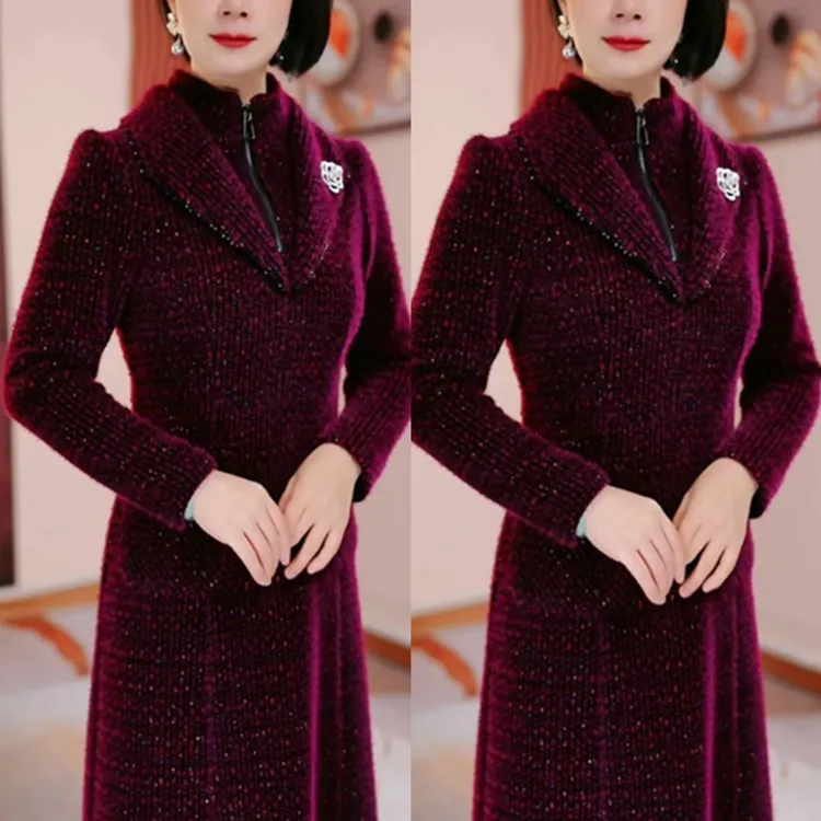 【衣雅严选】8222-2453#新款加厚保暖雪花绒气质显瘦长袖连衣裙