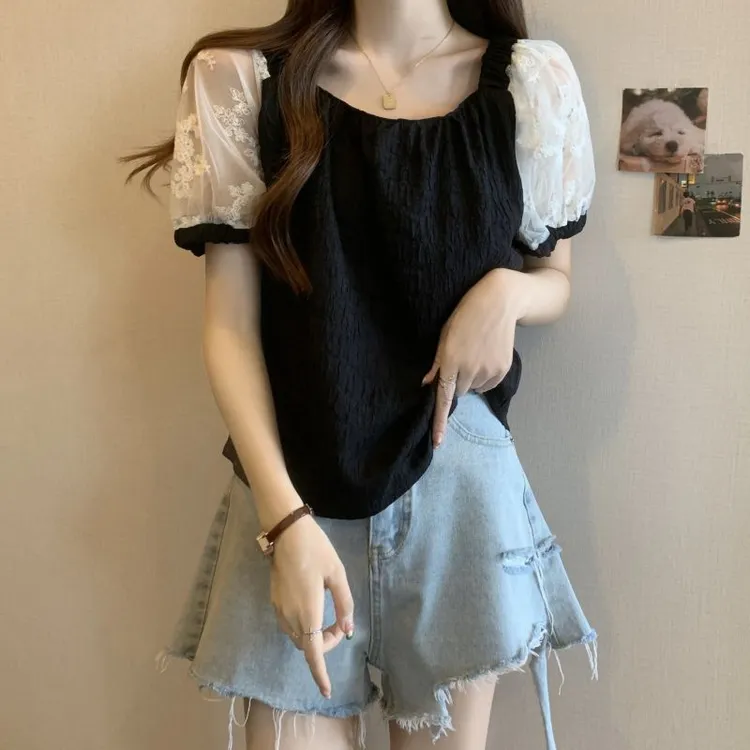 大码法式方领网纱拼接短袖衬衫女夏季新款胖妹妹宽松显瘦雪纺上衣
