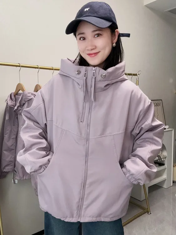 加厚加棉2025新款情侣短外套连帽宽松型双条拉链慵懒风外套女