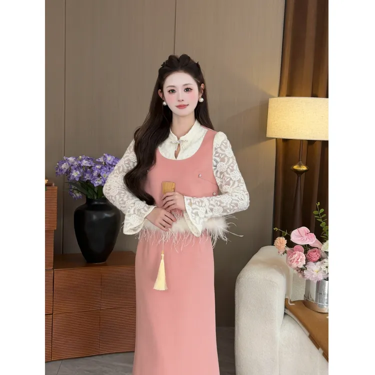 【旧梦阑珊】<77>新中式假两件蕾丝拼接上衣+半裙套装XMZH9701