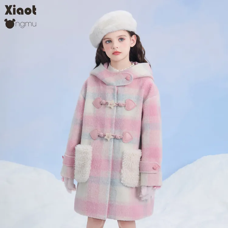 小童木 粉蓝格纹女童毛呢外套冬季新款星星牛角扣中大童呢子大衣