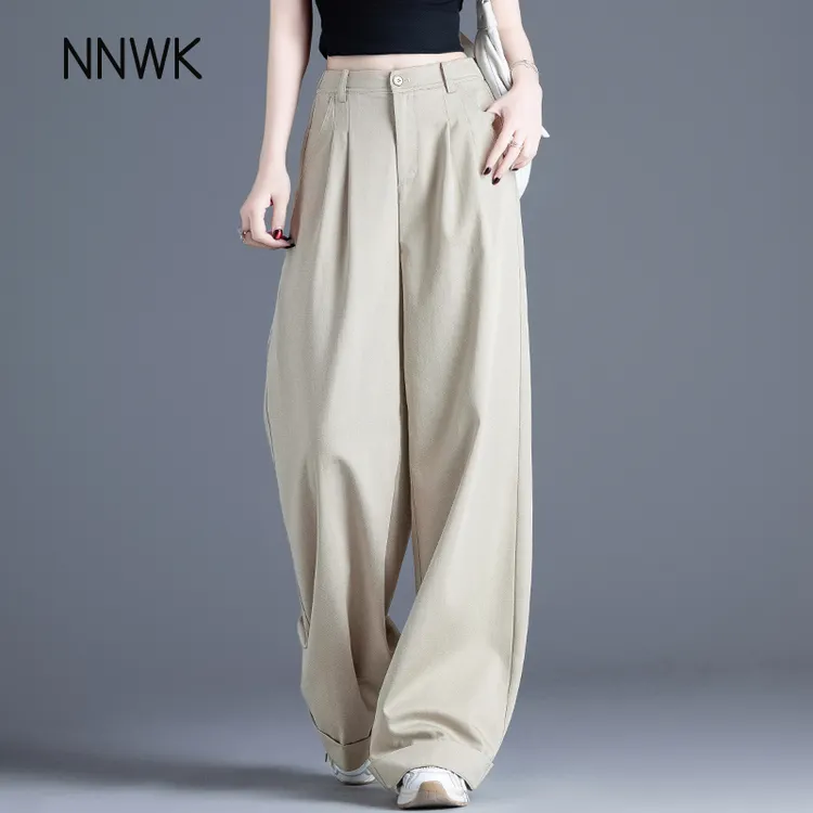 卡其色裤子女2025秋季阔腿裤休闲裤莱赛尔棉垂感直筒裤宽松拖地裤