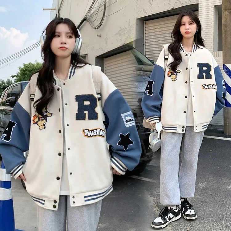 秋冬大码加绒棒球服女新款美式复古学生宽松卫衣女外套街头高级