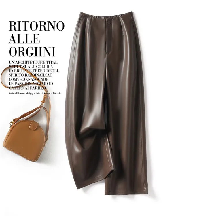 海宁秋冬新八分阔腿裤绵羊皮皮裤女外穿宽松高腰直筒休闲九分裤子