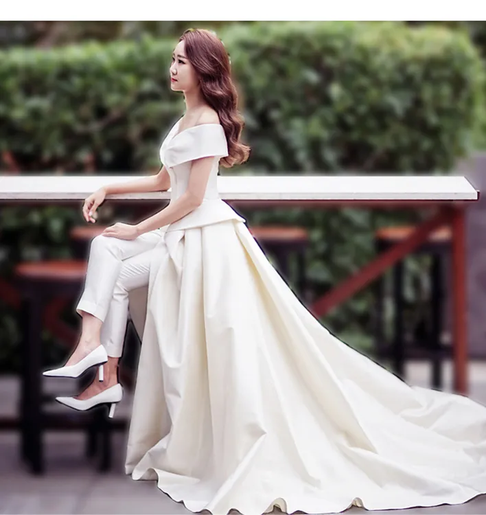 清~NO退NO换~高端晚礼服女轻奢小众个性高级缎面一字肩裤装轻婚纱