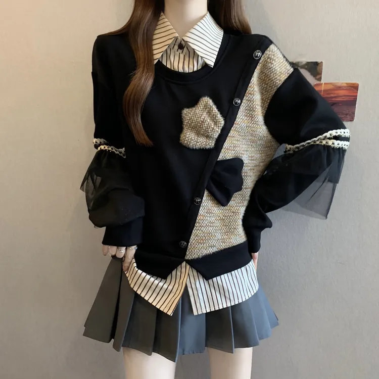 大码女装遮肚子小香风拼接条纹卫衣女秋冬胖mm洋气假两件显瘦上衣