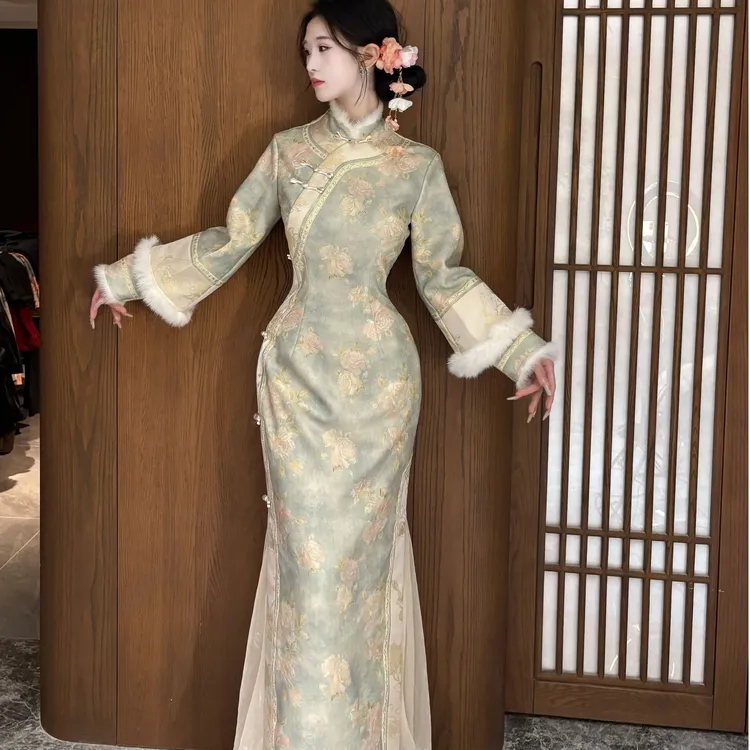 画报夫人原创自制清宫厚款针织水貂毛秋冬旗袍 清宫争宠绿