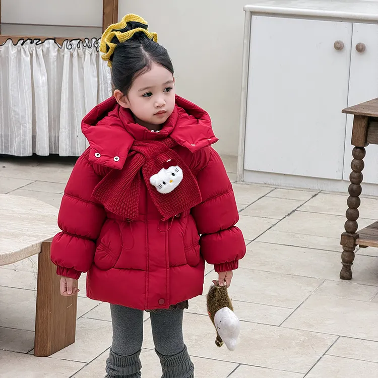 送围巾女童2025冬季新款加绒加厚棉袄女宝宝韩范洋气冬装棉衣外套