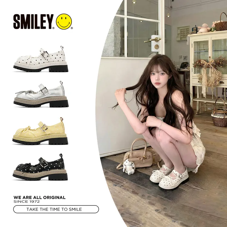 SMILEY夏季乐福鞋可爱圆头小皮鞋绑带增高厚底百搭休闲玛丽珍女鞋