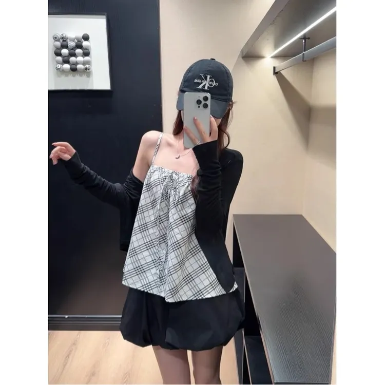 2025胖MM薄款针织开衫外套女装夏季内搭格子背心吊带+短裙三件套