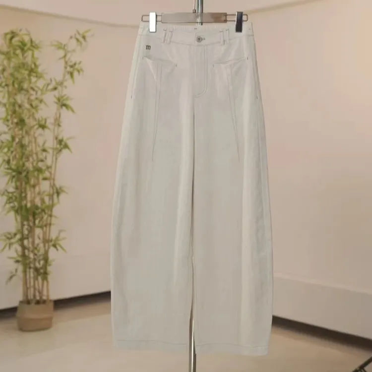 高级抗皱亚麻弯刀裤女士春季新款长裤今年流行设计感直筒镰刀裤子