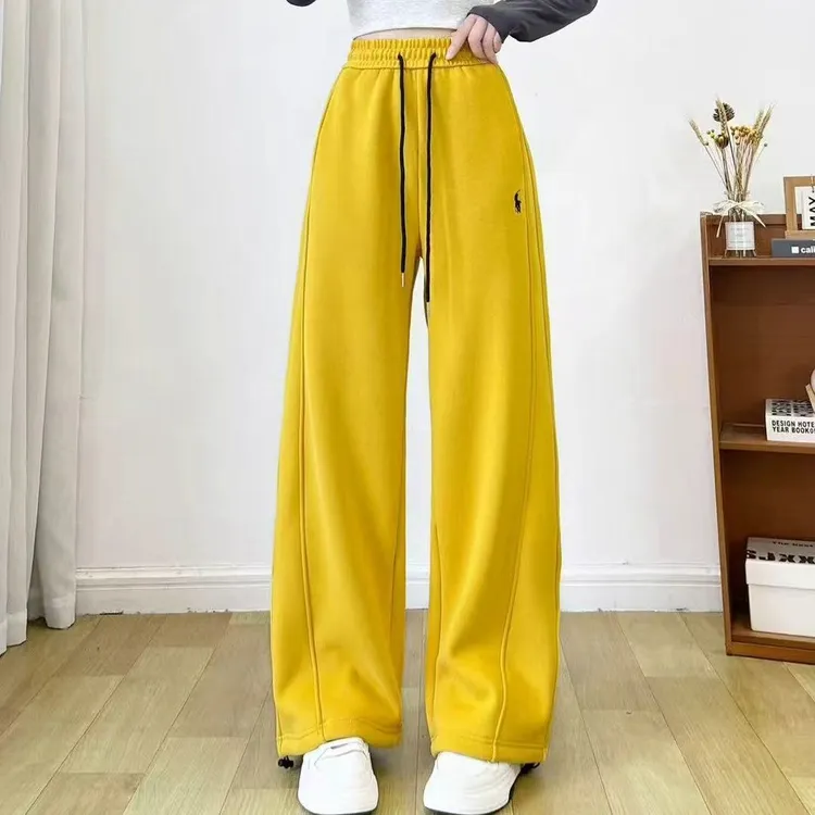 加绒卫裤女冬季2025新款高级感休闲长裤宽松刺绣弯刀阔腿裤小个子