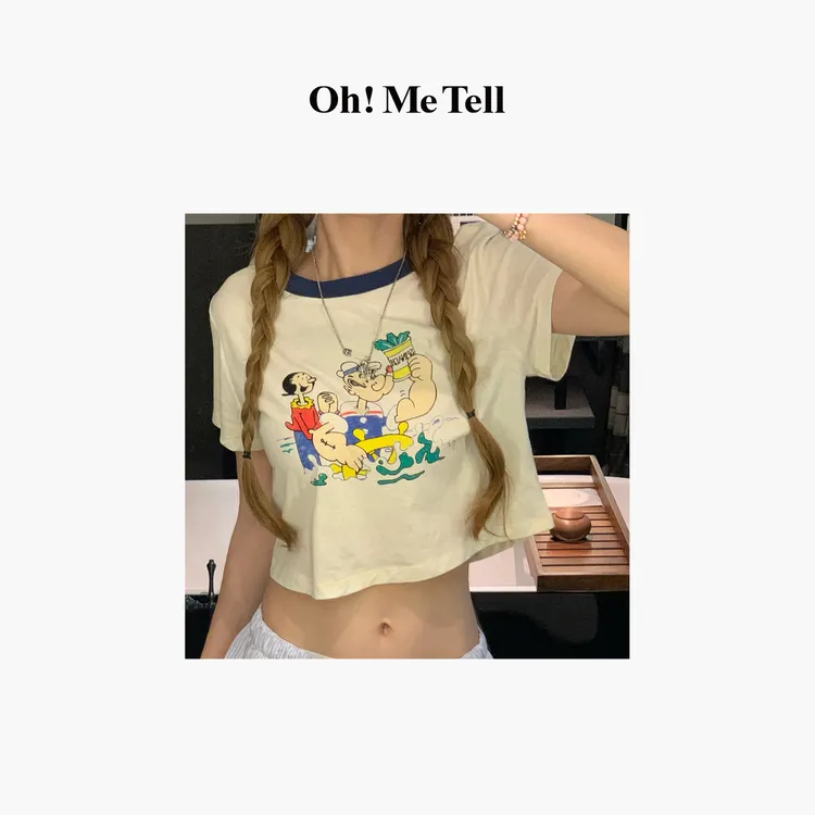 Oh！Me Tell【ROSE彩英同款】大力水手印花撞色领短款短袖T恤女