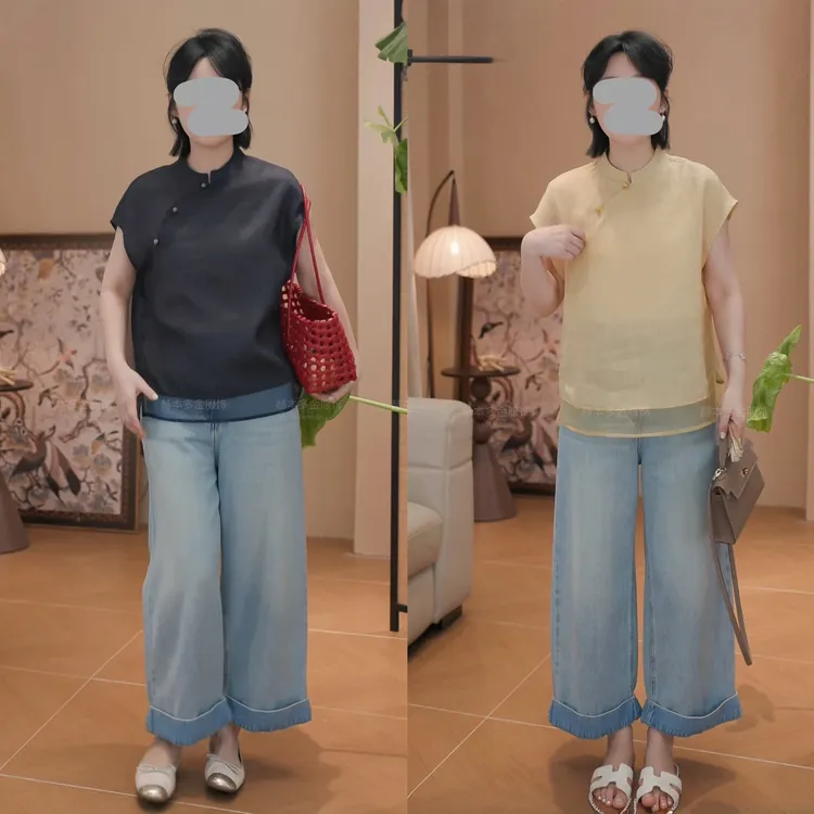 夏季新款国风新中式温婉大方千金风纯色拼接短袖T套装垂感阔腿裤