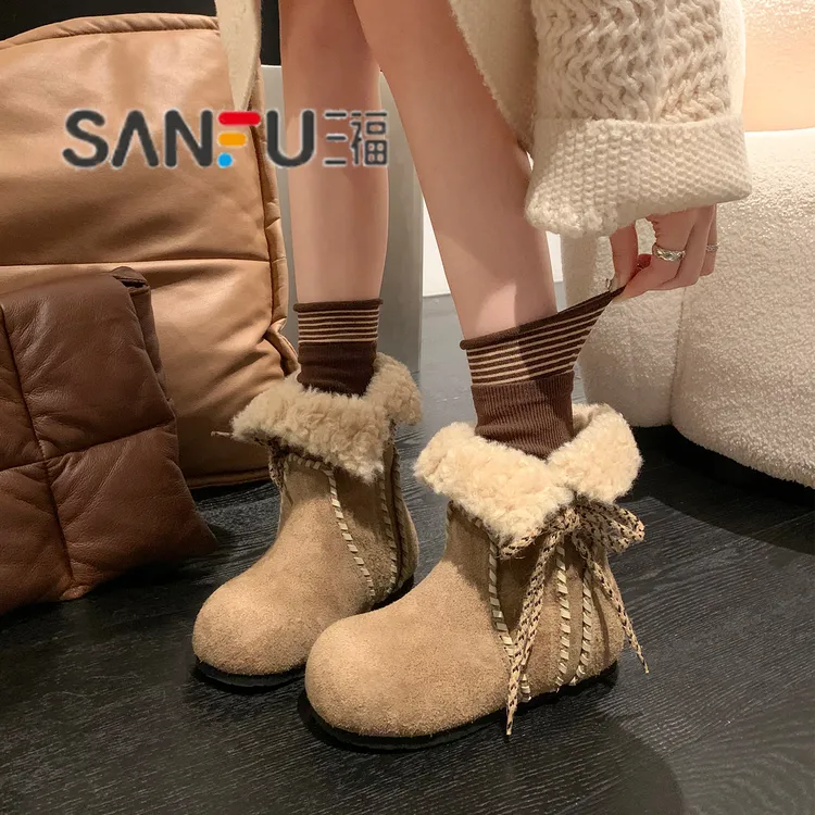 三福6cm内增高真皮厚底美拉德两穿勃肯雪地靴女冬季加绒加厚棉鞋