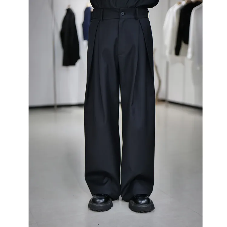 黑色双层褶垂感微阔长裤男女秋显瘦外穿时尚百搭西裤KZ259-1