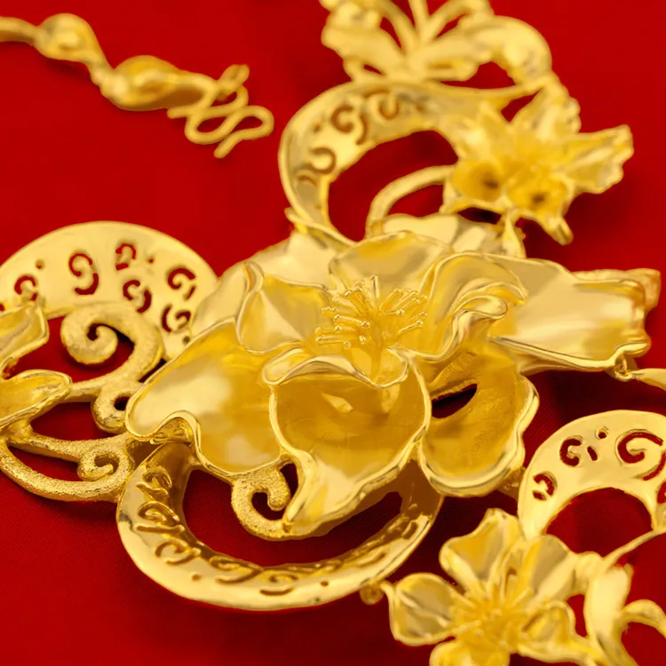 铜玻璃项链 新款新娘结婚首饰铜镀金大花套装项链女时尚大气百搭