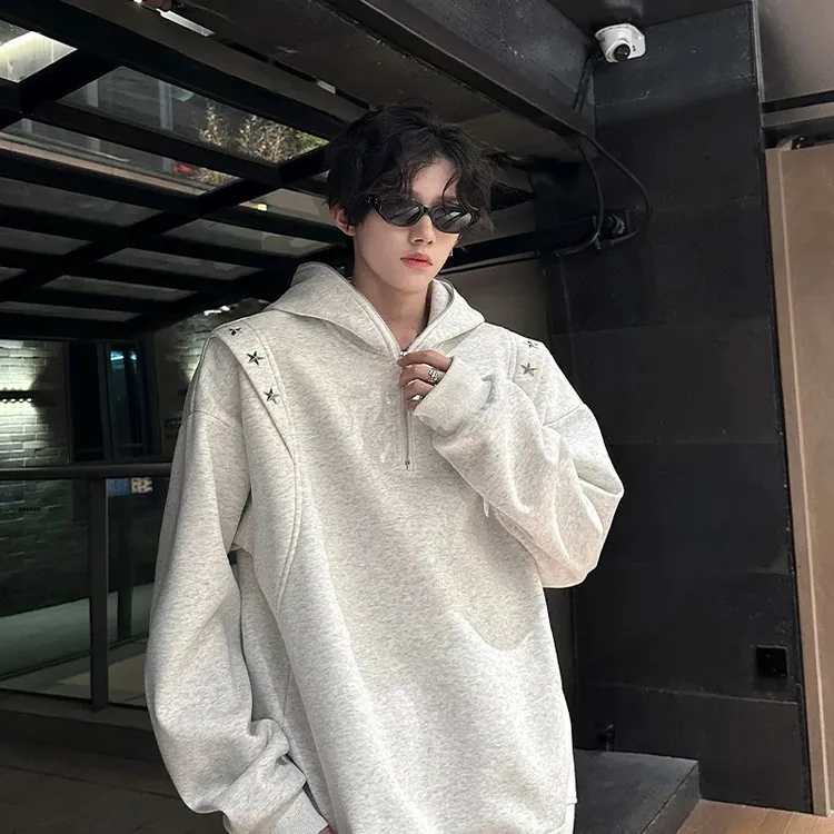 cleanfit星星金属垫肩卫衣男款秋冬灰色600g重磅硬挺美式连帽外套