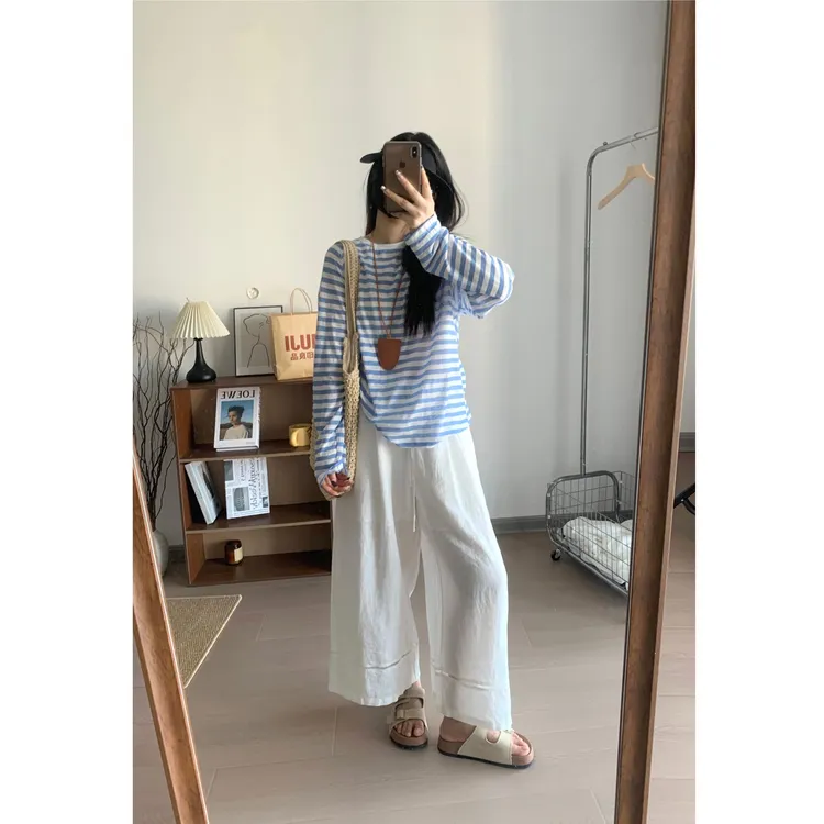 夏日海盐 韩系清新蓝白条纹长袖衫透气宽松罩衫百搭慵懒空调衫夏