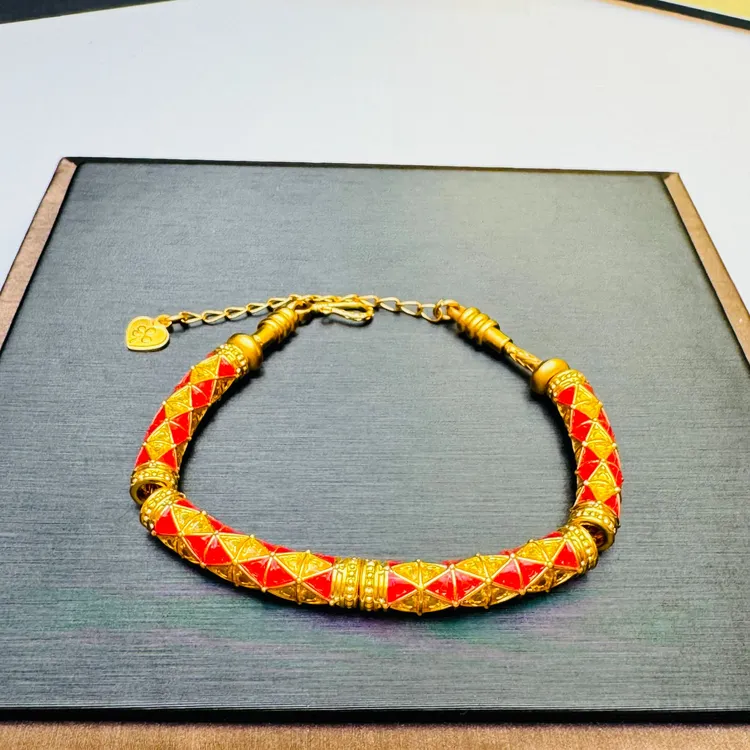 59#足金999 黄金珐琅彩红色万花筒黄金弯管手链（赠合金链）