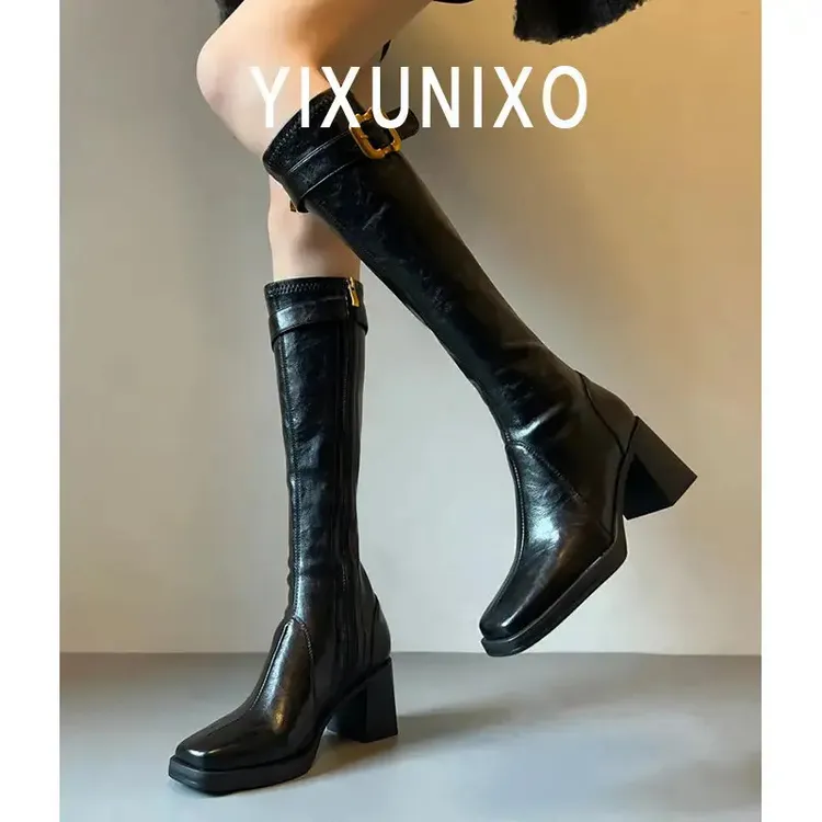 羊皮版~真皮金属扣厚底不过膝长靴粗跟长筒靴女精致洋气小短靴