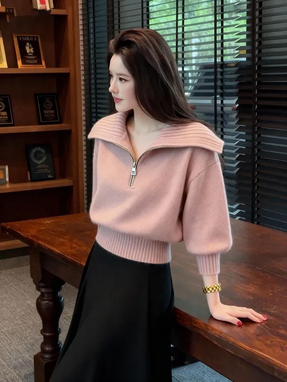 法式高级感独特漂亮显白半拉链翻领针织衫秋冬爆款女装氛围感毛衣