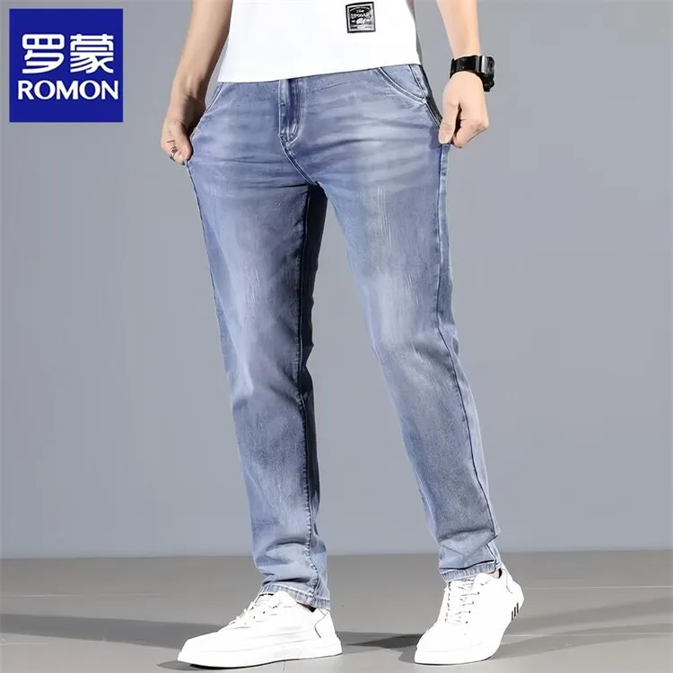 Romon/罗蒙新款高级感简约百搭牛仔裤男士宽松直筒夏季薄款休闲裤