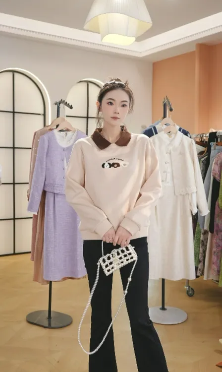 F3037翻领卫衣女秋季薄款新款宽松爆款女装假两件洋气减龄上衣