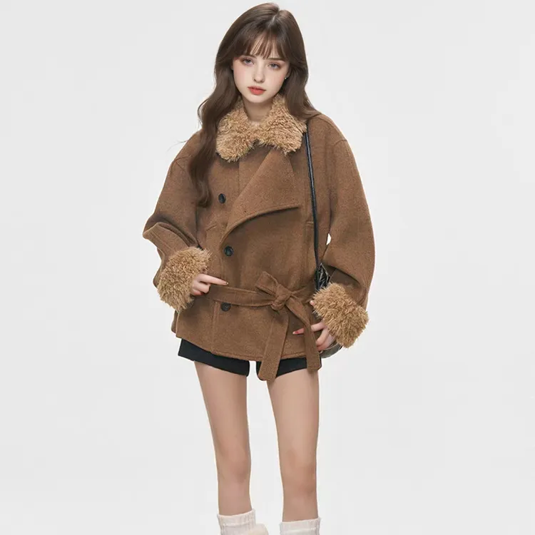 复古咖色毛领加厚毛呢外套女秋冬季新款绑带小个子高级感呢子大衣