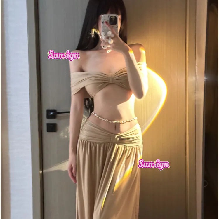 SUN【柔金】泳衣女长裙遮肉遮肚一字肩抹胸性感纯欲欧美度假沙滩