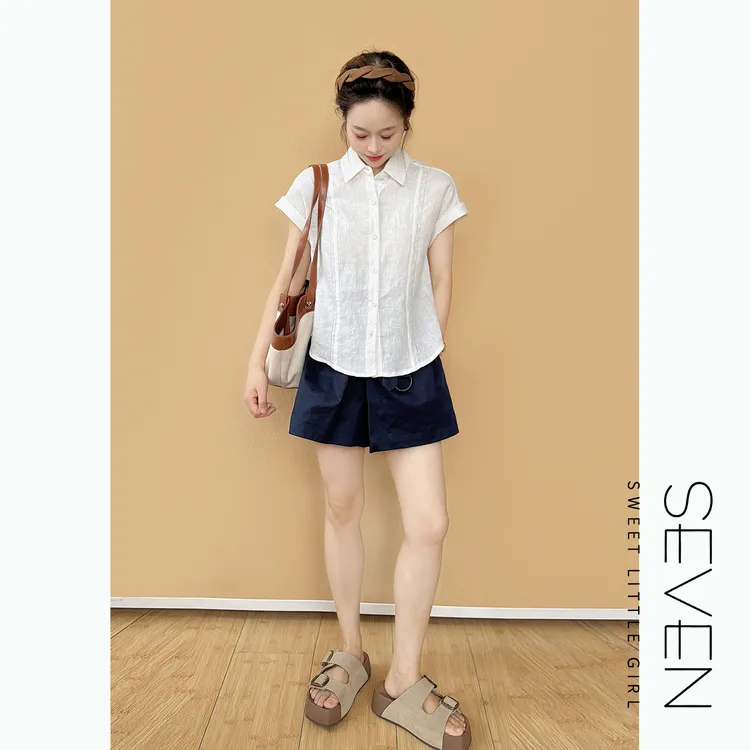 白色休闲⑧七七146小个子100%亚麻镂空衬衫女夏季百搭上衣小美说