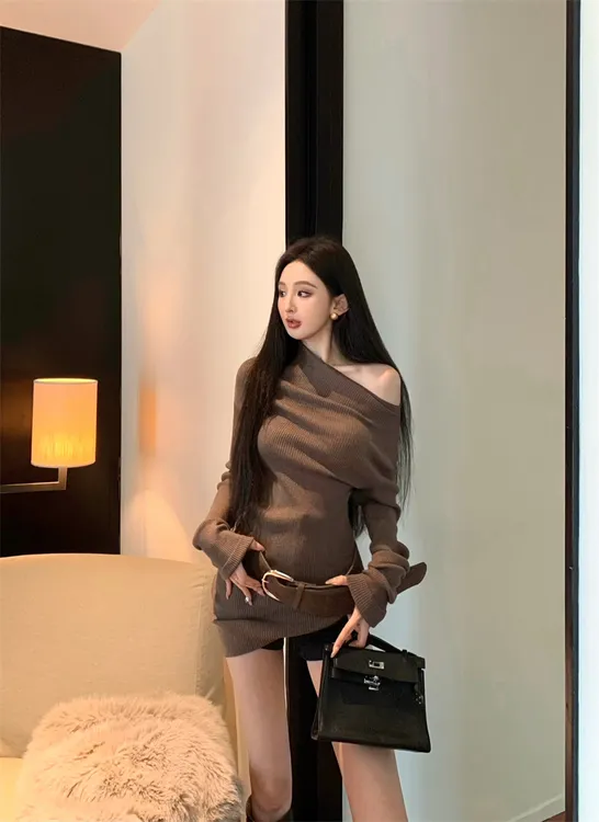 复古时尚长袖气质设计感斜肩不规则针织上衣22473#针织衫