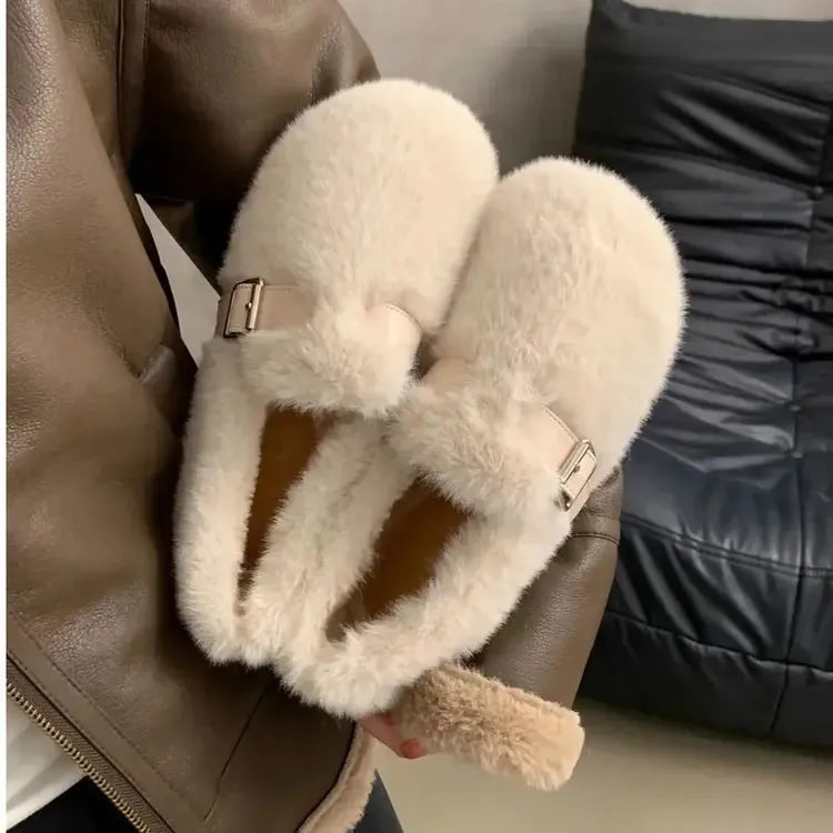 居家毛毛鞋女冬外穿仙女棉鞋子豆豆鞋女加绒平底单鞋一脚蹬乐福鞋