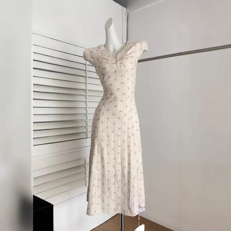 『欣幸』南法盛夏碎花连衣裙女夏季田园度假风短袖绑带连衣长裙子