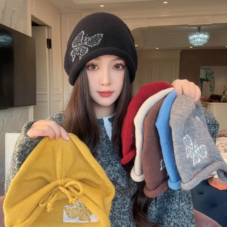 慵懒风提花蝴蝶堆堆帽子女秋冬2025新款保暖气质冷帽护耳包头帽冬