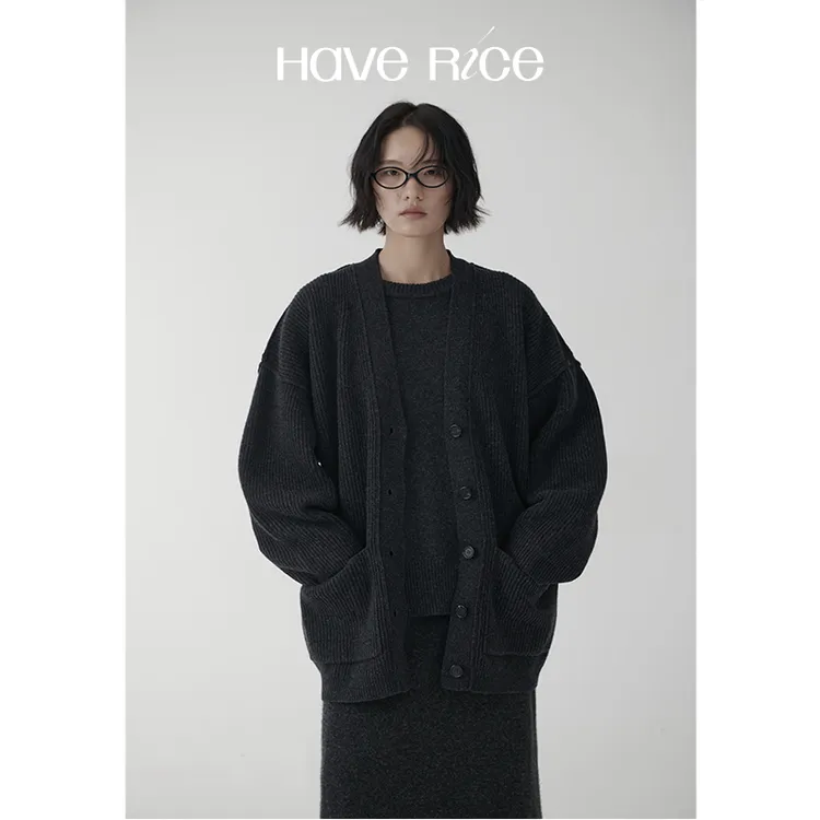   【100%羊毛开衫毛衣】 慵懒智感 高智风宽松茧型花纹针织开衫外套