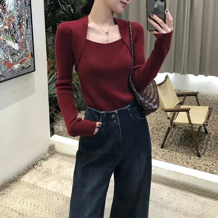 【新年穿搭】法式显瘦方领坑条显瘦毛衣2026秋冬季新款高级针织衫女