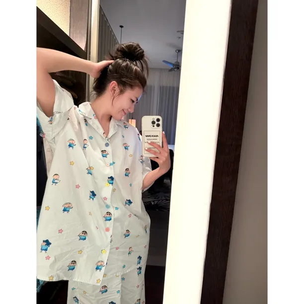 PEACHZHOU 蜡笔小新印花短袖家居服松紧腰长裤减龄慵懒睡衣套装